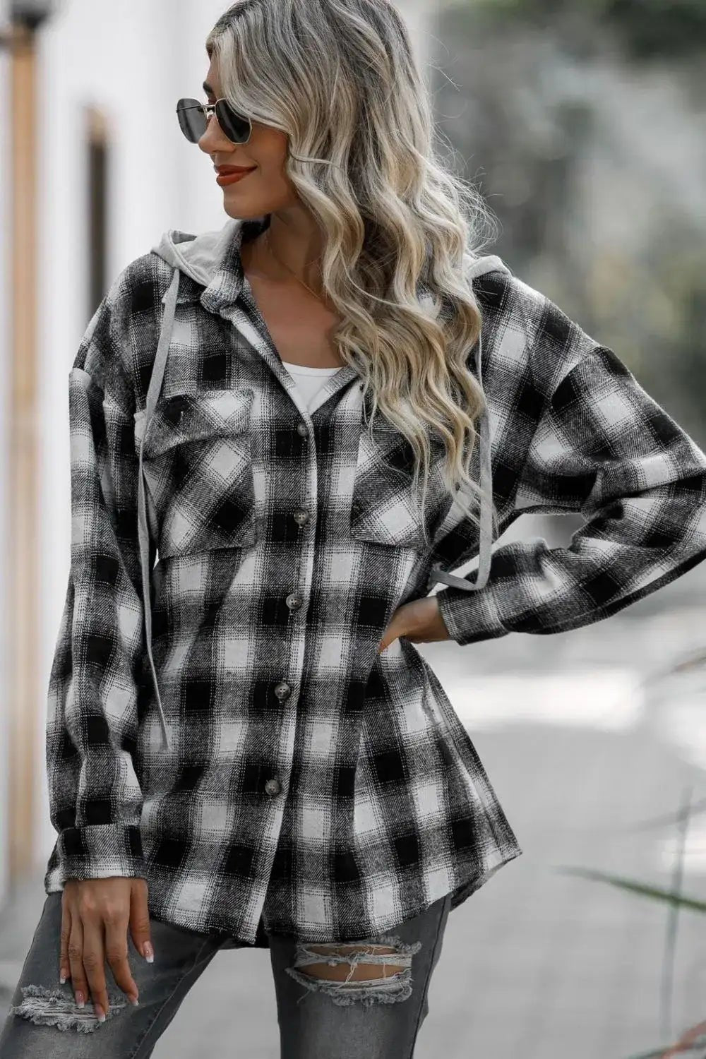 plaid drawstring hooded shacket - Bela Fils BoutiqueBela Fils Boutique